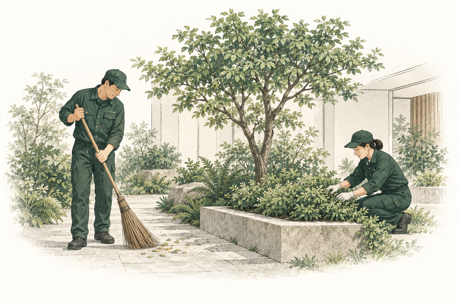 環境維護團隊示意插畫：兩名工作人員分工清掃步道與照顧植栽